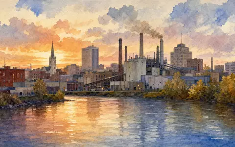 Cummins Inc. Stadtaquarell US2310211063 – impressionistisches Aquarell der Industriestadt Columbus mit Fluss und Abendlicht - Foto: THN