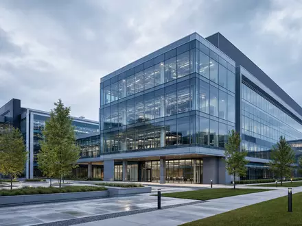 Cummins Inc. Forschungscampus US2310211063 – Architektur-Rendering eines modernen gläsernen Industriegebäudes mit Grünanlage - Foto: THN