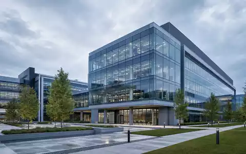 Cummins Inc. Forschungscampus US2310211063 – Architektur-Rendering eines modernen gläsernen Industriegebäudes mit Grünanlage - Foto: THN