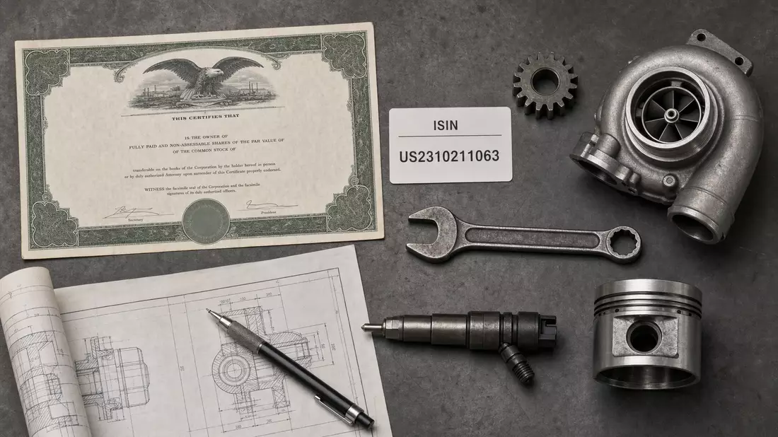 Flatlay-Arrangement mit Aktienzertifikat, ISIN-Karte US2310211063, Turbolader und Motorteilen