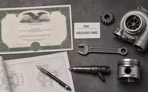 Cummins Inc. Flatlay US2310211063 – Draufsicht auf Aktien-Zertifikat, ISIN-Karte und branchentypische Motorenteile - Foto: THN