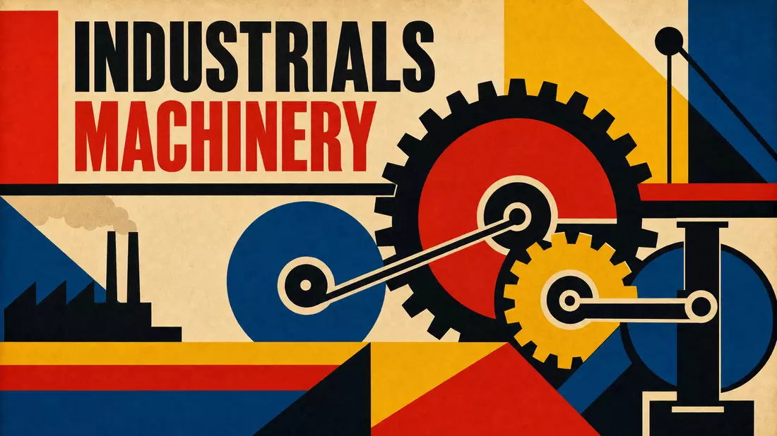 Bauhaus-Poster mit geometrischen Zahnrädern in Rot, Blau, Gelb und Text INDUSTRIALS MACHINERY