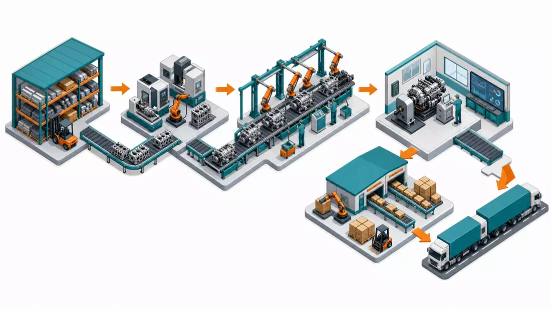 Isometrische 3D-Illustration der Maschinenbau-Wertschöpfungskette vom Lager bis zur Auslieferung