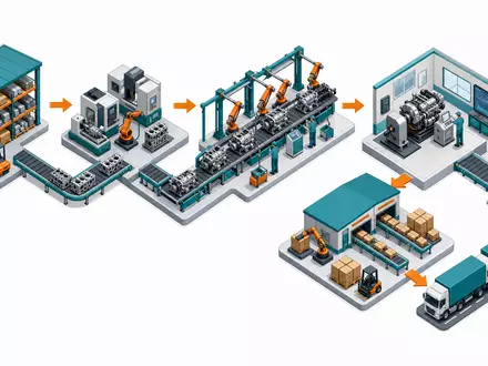 Cummins Inc. Wertschöpfungskette US2310211063 – isometrische 3D-Illustration des Motorenproduktionsprozesses von Lager bis Auslieferung - Foto: THN