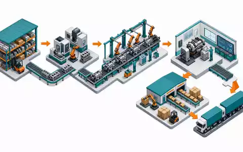 Cummins Inc. Wertschöpfungskette US2310211063 – isometrische 3D-Illustration des Motorenproduktionsprozesses von Lager bis Auslieferung - Foto: THN