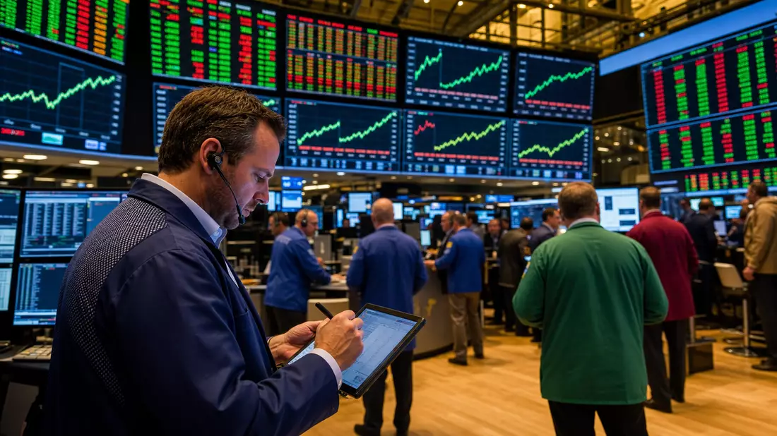 Belebtes NYSE-Handelsparkett mit Händlern, Kursdisplays und industriellen Aktiencharts