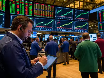 Cummins Inc. NYSE-Handelssaal US2310211063 – journalistisches Bild belebten Börsenhandels mit industriellen Kursanzeigen - Foto: THN