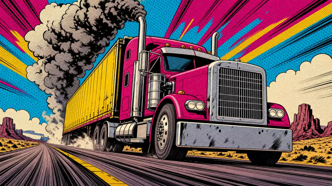 Pop-Art-Comic eines bunten Diesel-LKW auf amerikanischer Wüstenstraße mit Halbton-Muster