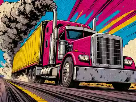 Cummins Inc. Pop-Art-Truck US2310211063 – farbige Comic-Szene stilisierten Diesel-LKW auf amerikanischer Wüsten-Autobahn - Foto: THN