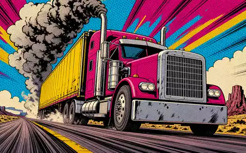Cummins Inc. Pop-Art-Truck US2310211063 – farbige Comic-Szene stilisierten Diesel-LKW auf amerikanischer Wüsten-Autobahn - Foto: THN