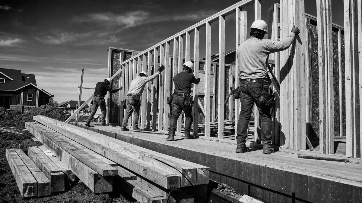 Schwarz-Weiß Reportagefoto von Bauarbeitern beim Holzrahmenbau auf einer Baustelle