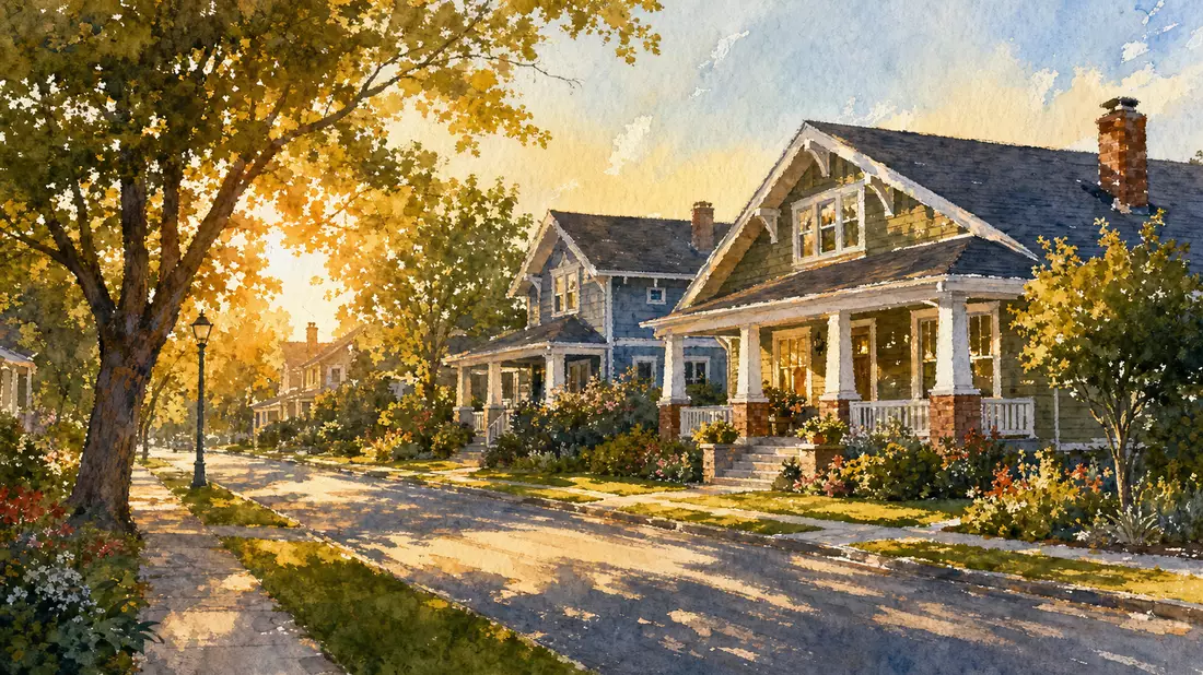 Aquarellgemälde einer amerikanischen Vorstadtstraße mit Craftsman-Häusern bei Sonnenuntergang