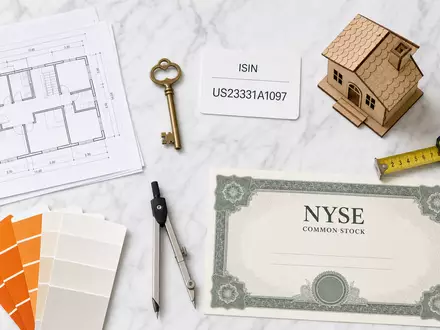 D.R. Horton Inc. Flatlay US23331A1097 ordnet Bauplan Hausschlüssel Holzmodell und NYSE-Aktienzertifikat auf Marmor - Foto: THN