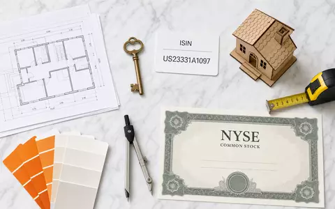 D.R. Horton Inc. Flatlay US23331A1097 ordnet Bauplan Hausschlüssel Holzmodell und NYSE-Aktienzertifikat auf Marmor - Foto: THN