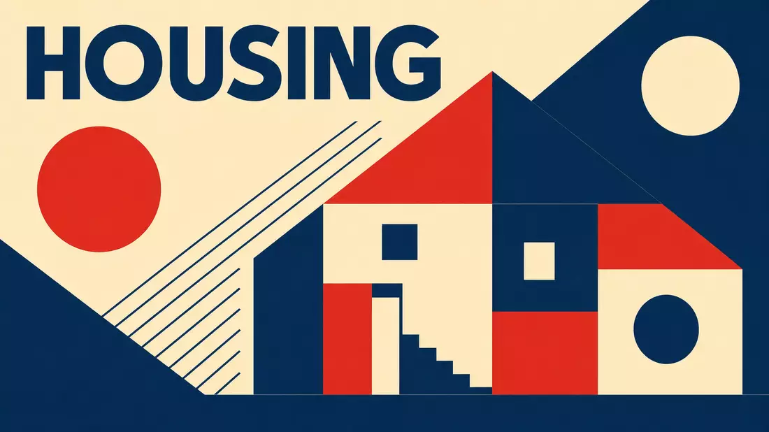 Bauhaus-Grafikposter mit geometrischen Formen und HOUSING-Schriftzug in Blau-Rot-Beige