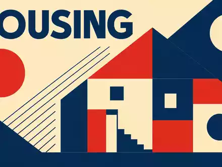 D.R. Horton Inc. US23331A1097 Bauhaus-Poster mit geometrischer Haussilhouette und HOUSING-Schriftzug in Blau-Rot-Beige - Foto: THN