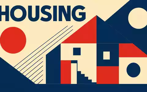 D.R. Horton Inc. US23331A1097 Bauhaus-Poster mit geometrischer Haussilhouette und HOUSING-Schriftzug in Blau-Rot-Beige - Foto: THN
