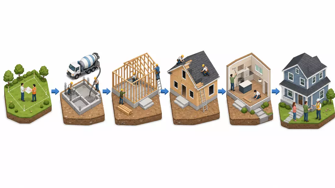 Isometrische 3D-Infografik der Wohnhausbau-Prozesskette in sechs illustrierten Schritten