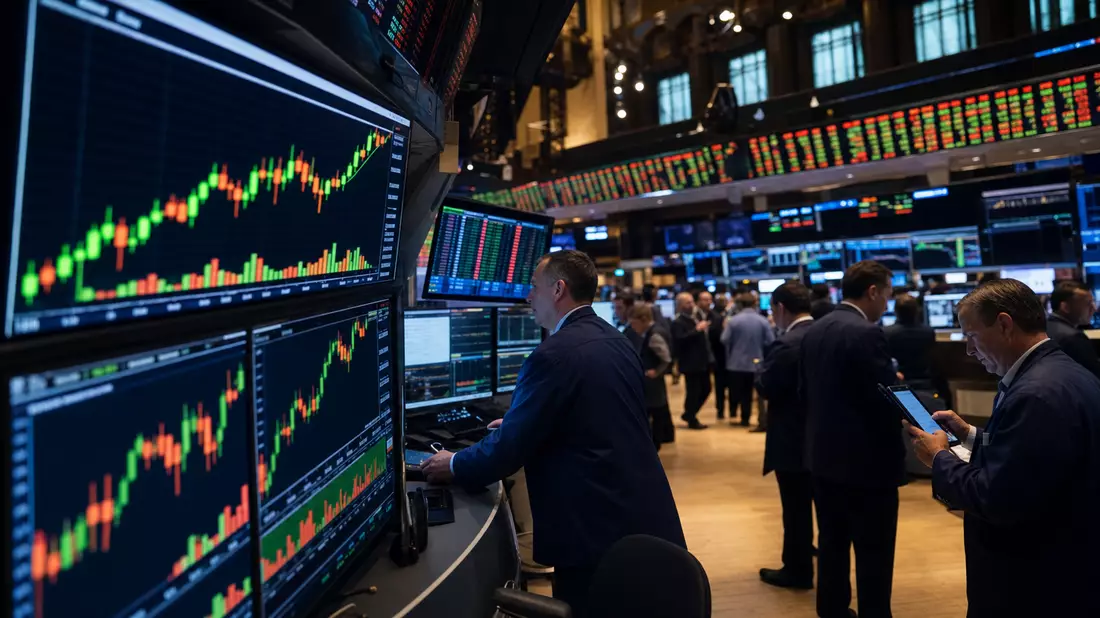 Redaktionsfoto eines belebten NYSE-Handelsparketts mit Immobilienmarkt-Charts auf Monitoren