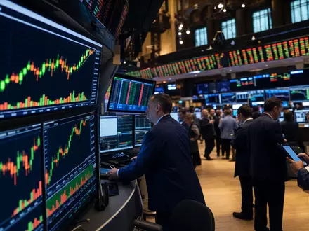 D.R. Horton Inc. US23331A1097 NYSE-Handelsparkett mit Maklern und Immobiliensektor-Kursdiagrammen auf großen Bildschirmen - Foto: THN
