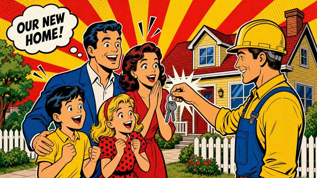 Retro Pop-Art-Comic einer jubelnden Familie beim Empfang der Hausschlüssel vor buntem Vorstadthaus