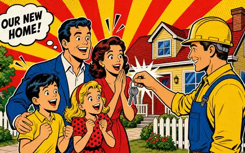 D.R. Horton Inc. US23331A1097 Pop-Art-Comic zeigt jubelnde Familie bei Schlüsselübergabe vor Vorstadthaus - Foto: THN