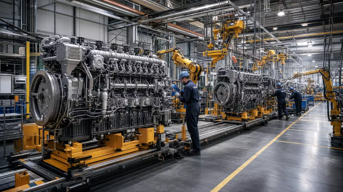 Fotorealistisches Bild der Deutz AG Motorenproduktion mit Robotern und Arbeitern
