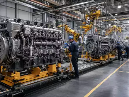 Deutz AG Motorenwerk DE0006305006 zeigt moderne Montagelinien mit Robotern und Facharbeitern in der Produktion - Foto: THN