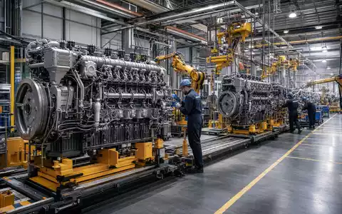 Deutz AG Motorenwerk DE0006305006 zeigt moderne Montagelinien mit Robotern und Facharbeitern in der Produktion - Foto: THN