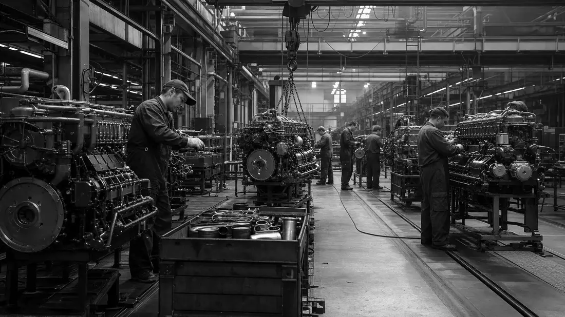 Schwarz-Weiß Reportagefoto der Deutz AG Produktionshalle mit Industriearbeitern