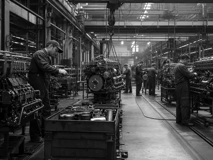 Deutz AG Fabrikhalle DE0006305006 in dokumentarischem Schwarzweiss mit Arbeitern an schweren Maschinen hier - Foto: THN