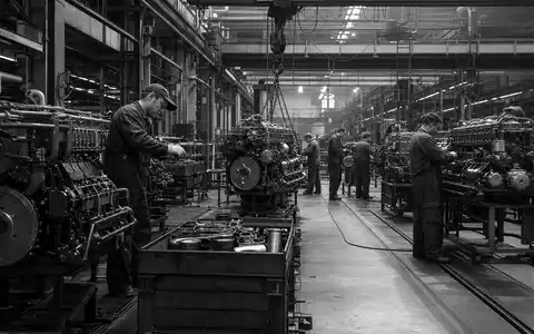 Deutz AG Fabrikhalle DE0006305006 in dokumentarischem Schwarzweiss mit Arbeitern an schweren Maschinen hier - Foto: THN