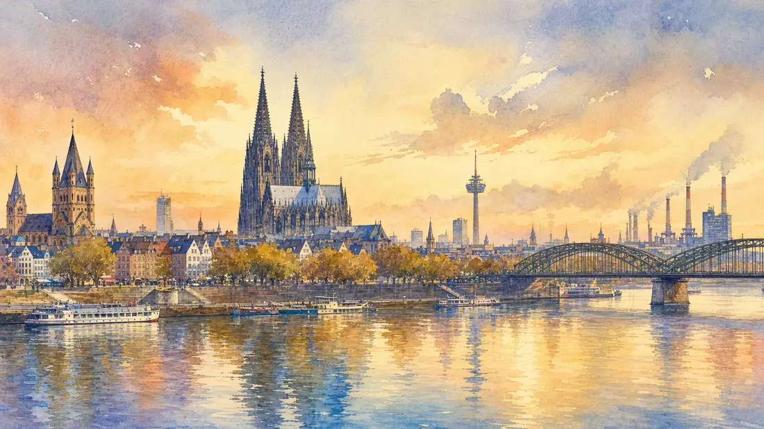 Aquarellgemälde der Kölner Skyline mit Rhein als Standort der Deutz AG