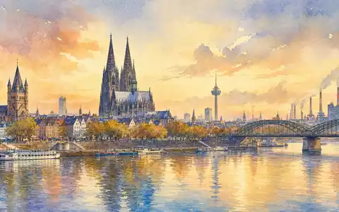 Deutz AG Hauptstandort Köln DE0006305006 als stimmungsvolles Aquarellpanorama am Rhein in warmen Tönen gemalt - Foto: THN