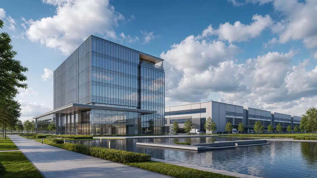 Architektonisches 3D-Render des modernen Deutz AG Hauptquartiers mit Industriehallen