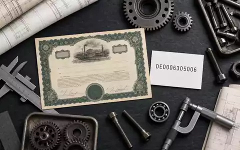 Deutz AG Aktien Flatlay DE0006305006 zeigt Börsenzertifikat Maschinenbau Werkzeug ISIN Karte und Blaupausen - Foto: THN