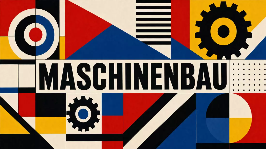 Bauhaus-Poster im geometrischen Stil mit MASCHINENBAU-Schriftzug für den Deutz AG Sektor