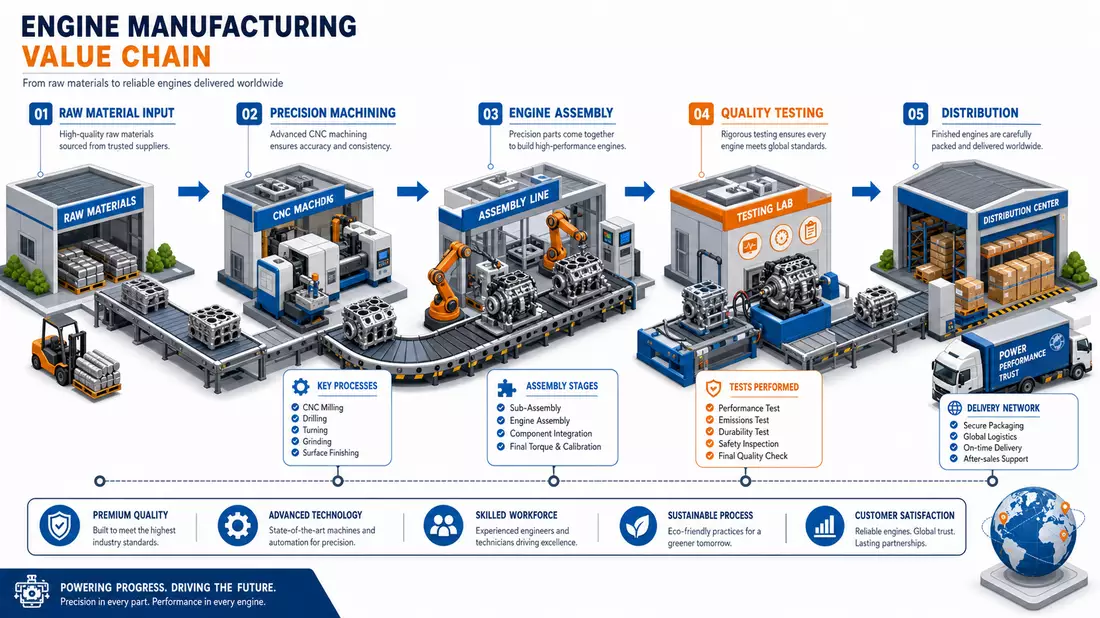 Isometrisches 3D-Diagramm der Deutz AG Motorenfertigungs-Wertschöpfungskette von Rohstoff bis Distribution