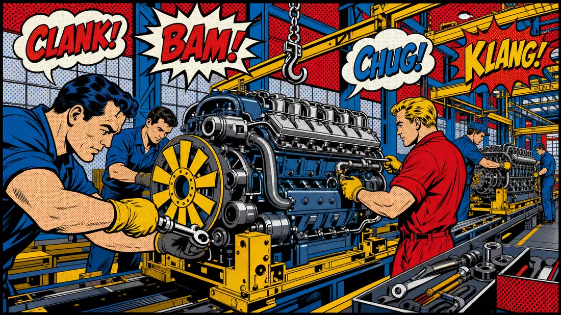 Pop-Art-Comic der Deutz AG Motorenmontage im Lichtenstein-Stil mit bunten Farben und Soundblasen