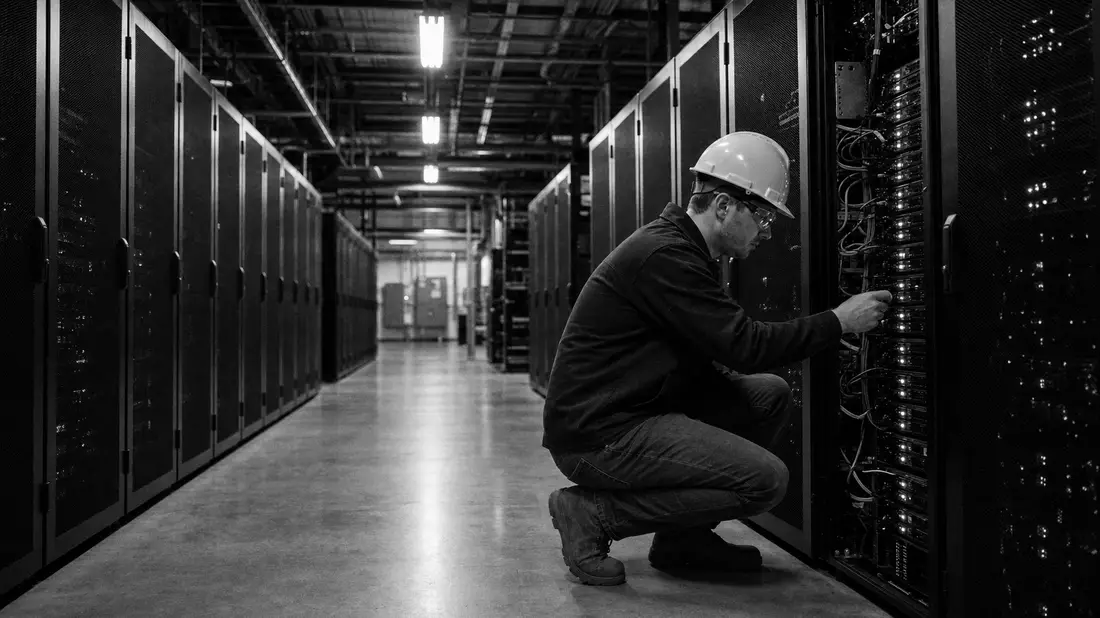Dokumentarische Schwarzweiß-Aufnahme eines Serverraums mit Techniker