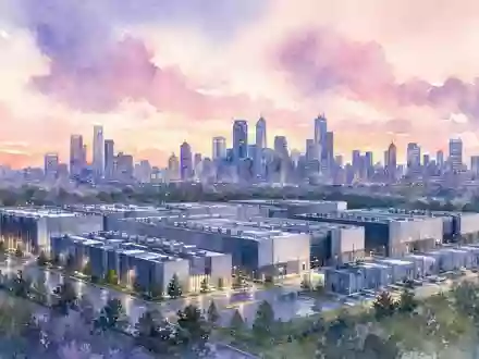 Digital Realty Trust Rechenzentrum Campus als Aquarell mit Stadtsilhouette und Abendhimmel dargestellt US2538681030 - Foto: THN