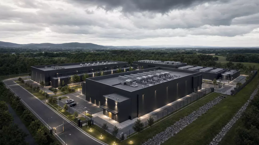 CGI-Architekturrender eines modernen Rechenzentrum-Campus aus der Luft