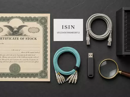 Digital Realty Trust Flatlay mit Aktienzertifikat ISIN Karte Ethernet Kabel und Serverminiatur auf Schiefer US2538681030 - Foto: THN