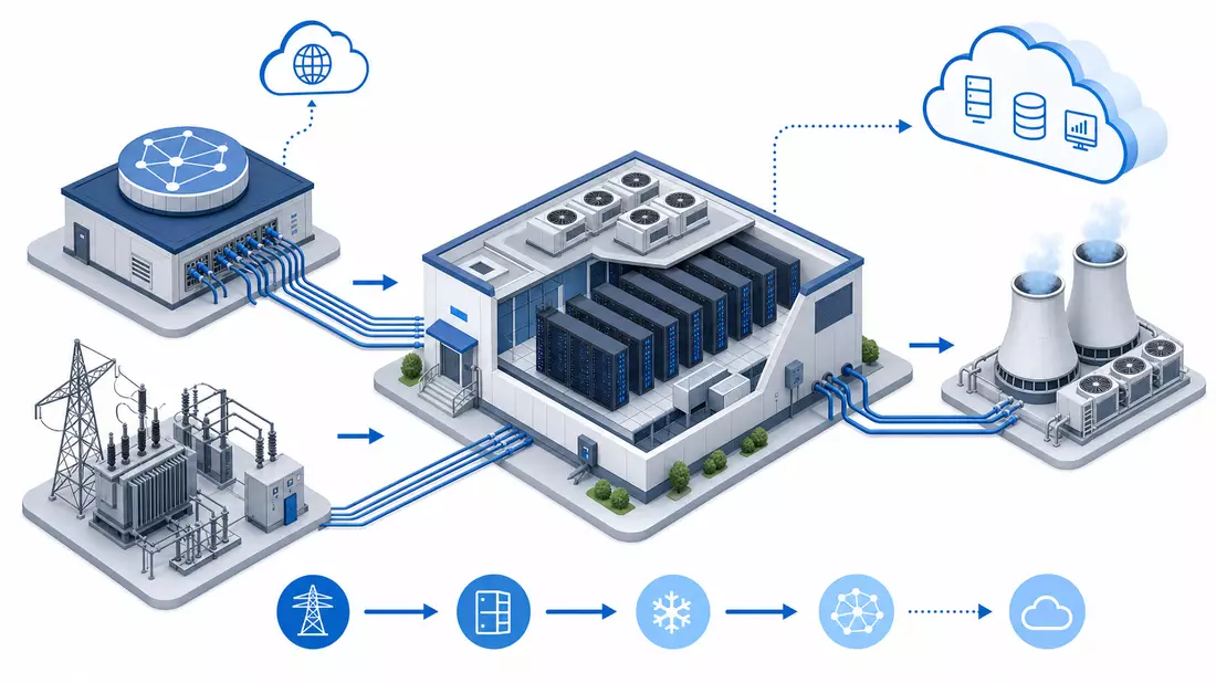 Isometrische 3D-Illustration der Rechenzentrum-Prozesskette mit Strom und Cloud