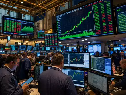 Digital Realty Trust NYSE Boersenparkett mit Haendlern und REIT Sektordaten auf grossen Anzeigetafeln US2538681030 - Foto: THN
