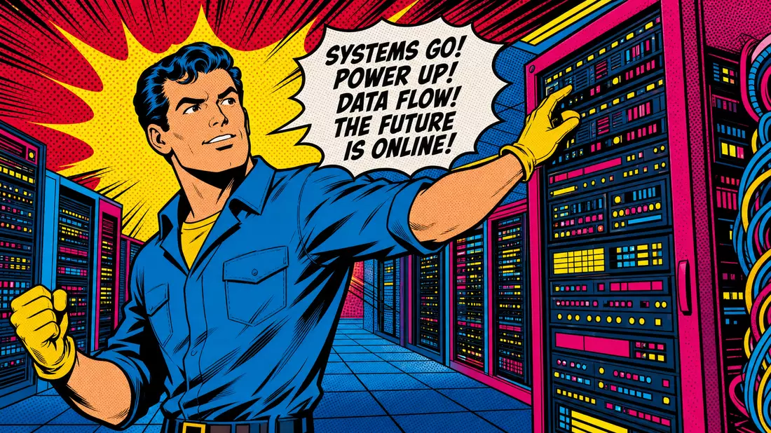 Pop-Art-Comic-Szene mit Techniker-Held und Sprechblase im Serverraum