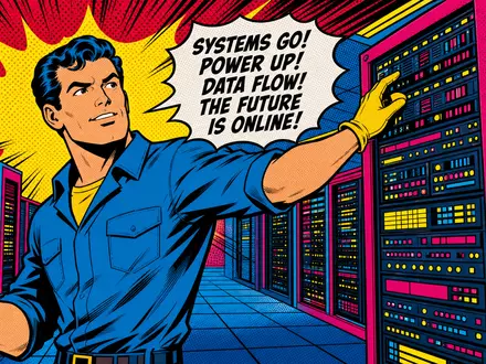 Digital Realty Trust Pop Art Comic mit Techniker Held im bunten Rechenzentrum Serverraum dargestellt US2538681030 - Foto: THN