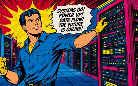 Digital Realty Trust Pop Art Comic mit Techniker Held im bunten Rechenzentrum Serverraum dargestellt US2538681030 - Foto: THN