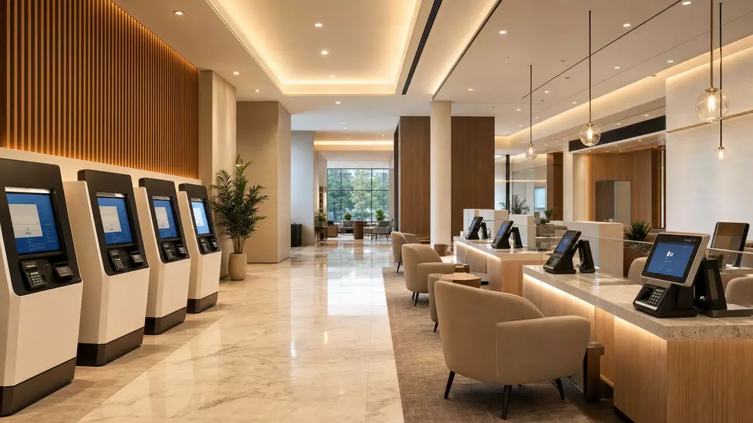 Modernes Bankinterieur mit Zahlungsterminals und Kreditkartenautomaten