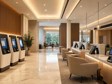 Discover Financial US2547091080 modernes BankgebÀude mit digitalen Zahlungsterminals Kreditkartenkiosken und warmer AtmosphÀre - Foto: THN